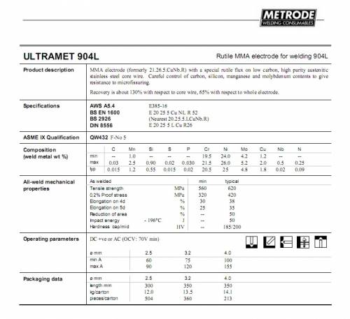 Que hàn Ultramet 904L AWS E385-16